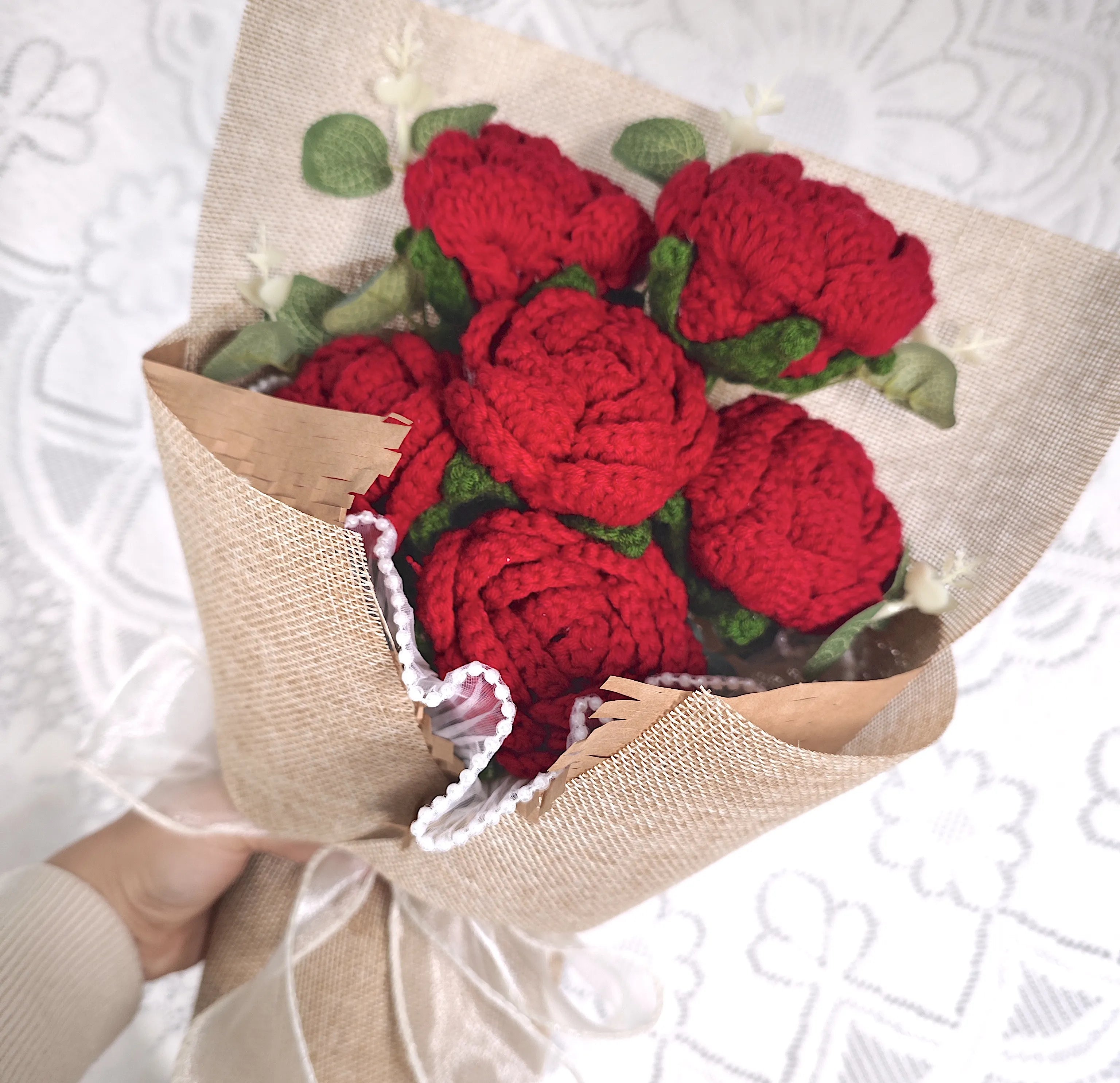 YSHomy Crochet Flowers Bouquet with Red Crochet Rose for Valentine's Day