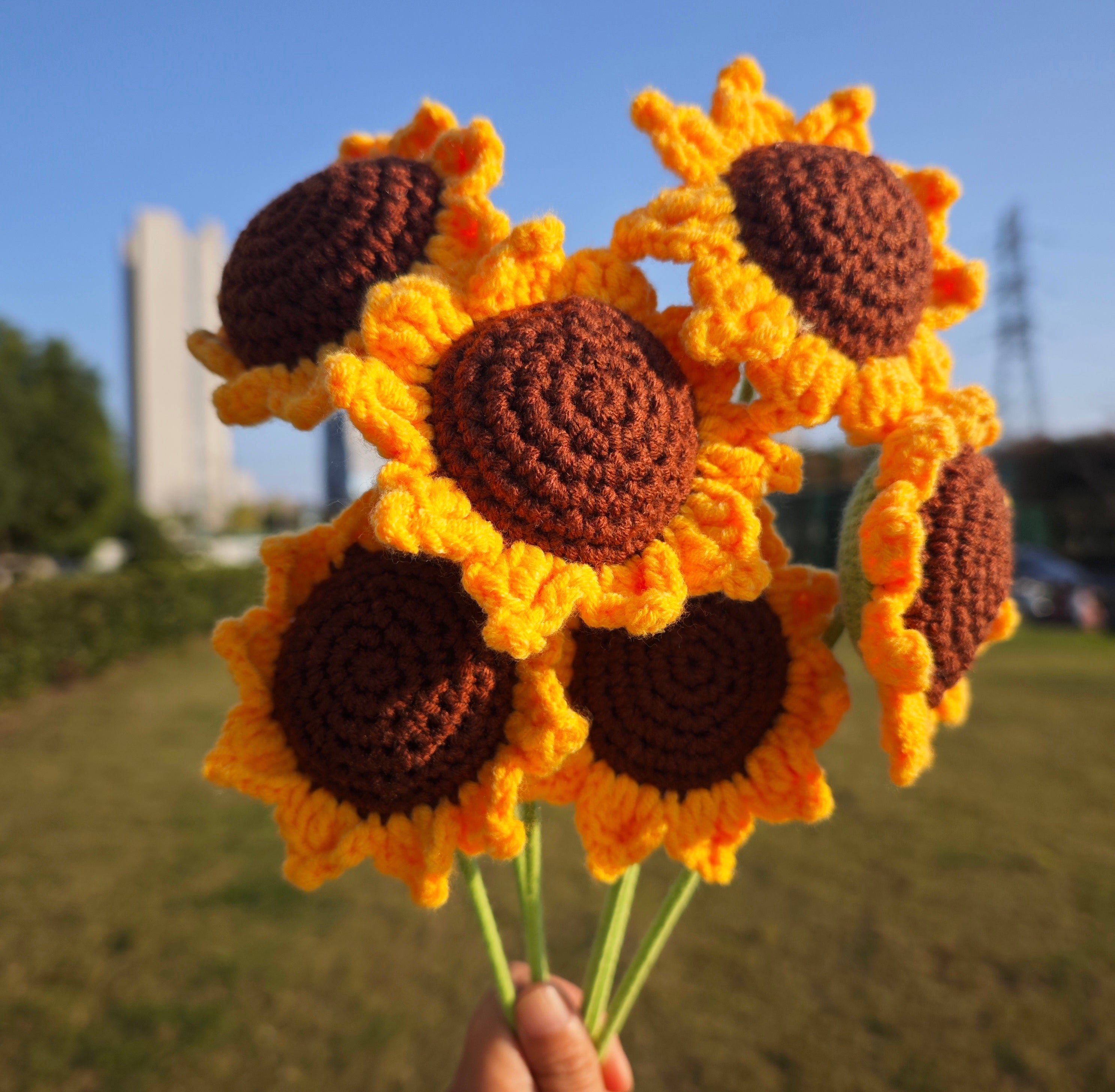 Girasol de ganchillo, Flores de ganchillo, Conjunto de 3, Ramo de flores, Ramo de girasol, Girasoles hechos a mano, Ramo de graduación, Regalo de San Valentín