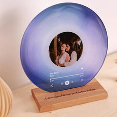 Personalized Photo Vinyl Record Style Night Light with Wooden Base