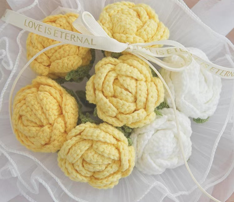 YSHomy Wrapped Round Crochet Flowers with 7 Yellow Rose Bouquet