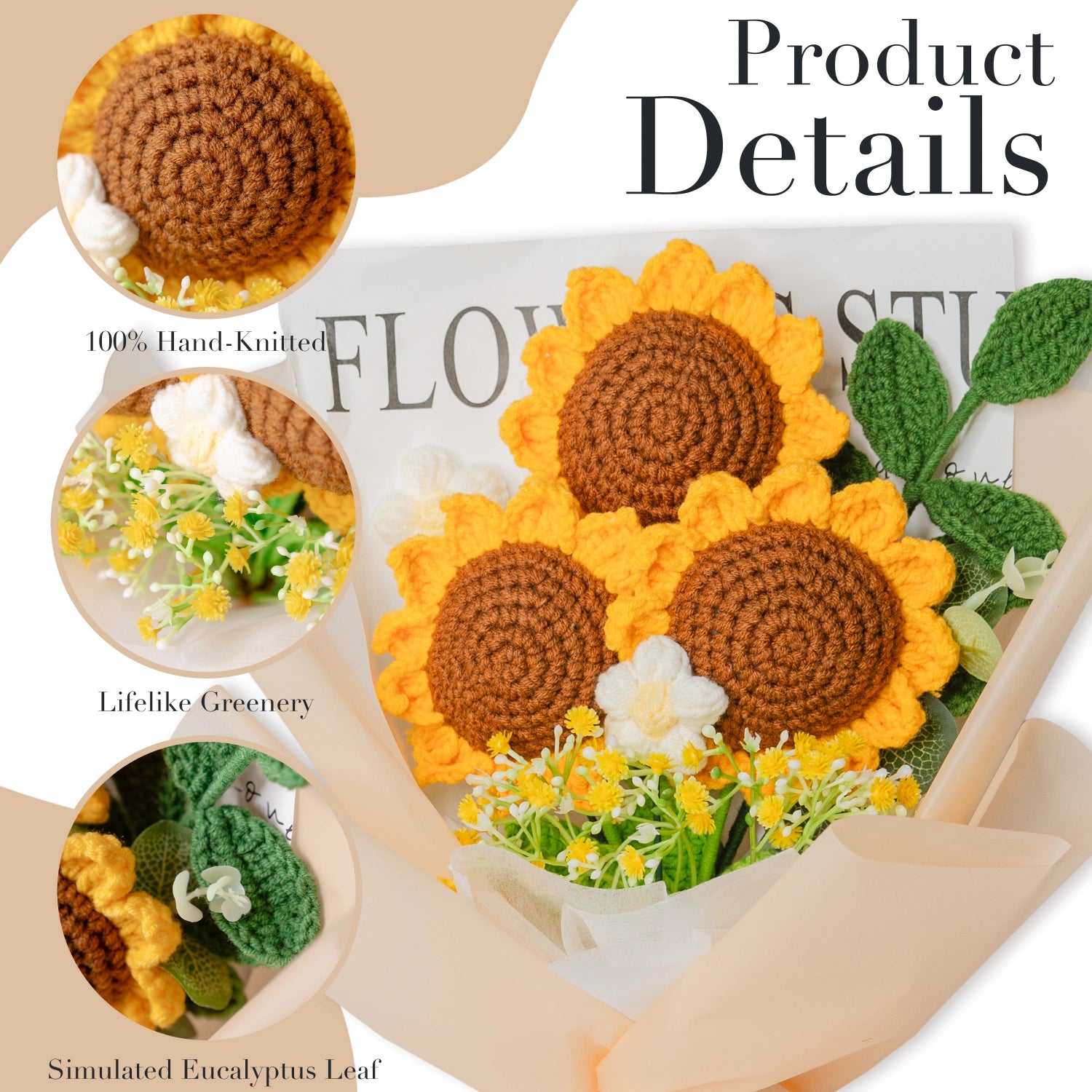 YSHomy Completed Wrapped Crochet Flowers Bouquet with Sunflower