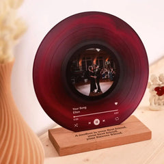 Personalized Photo Vinyl Record Style Night Light with Wooden Base