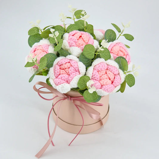 YSHomy Crochet Flowers with Pink Rose Bouquet in Gift Box Wrapping 1500