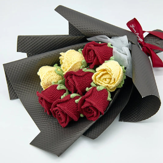 YSHomy Wrapped Crochet Flowers with Cup-Shaped Rose Bouquet in Black Wrapping 1500