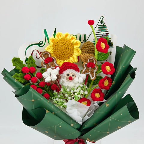 YSHomy Wrapped Crochet Flowers Bouquet in Green & Red for Christmas