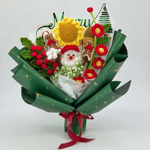 YSHomy Wrapped Crochet Flowers Bouquet in Green & Red for Christmas