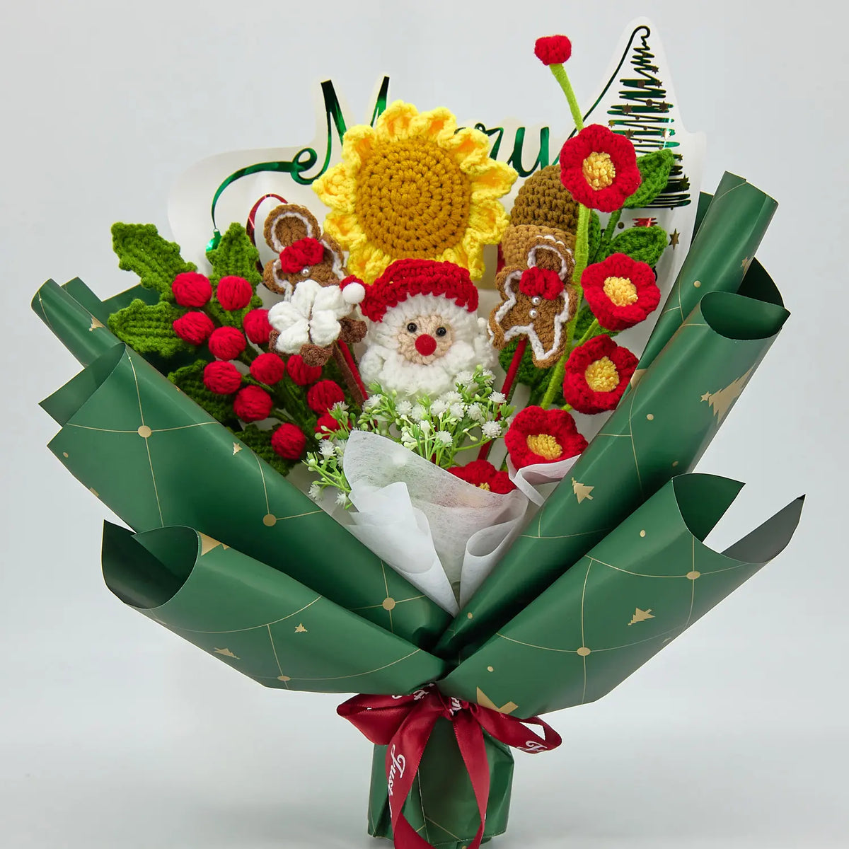 YSHomy Wrapped Crochet Flowers Bouquet in Green & Red for Christmas