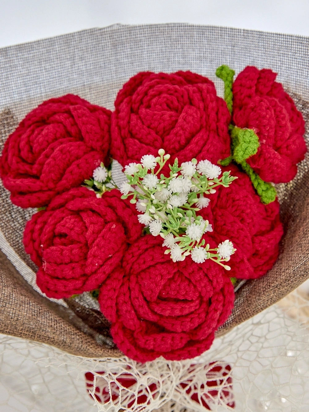 YSHomy Crochet Flowers Bouquet with Red Crochet Rose