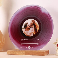 Personalized Photo Vinyl Record Style Night Light with Wooden Base