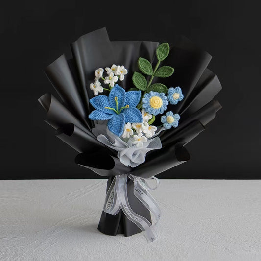 YSHomy Wrapped Crochet Flowers with Lily Bouquet in Black Wrapping 1000