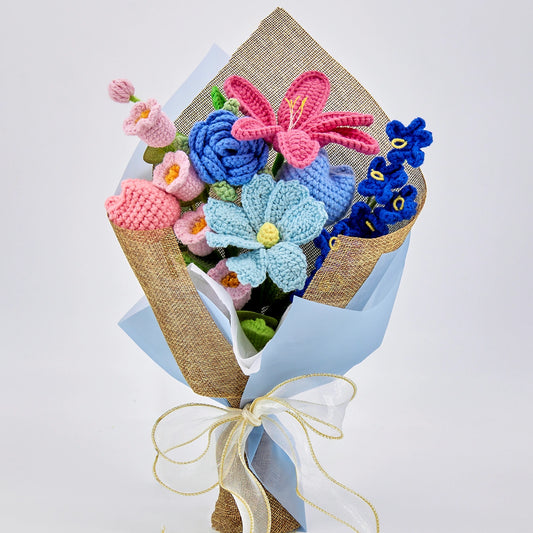 YSHomy Crochet Bouquet with Pink & Blue Flowers 1339