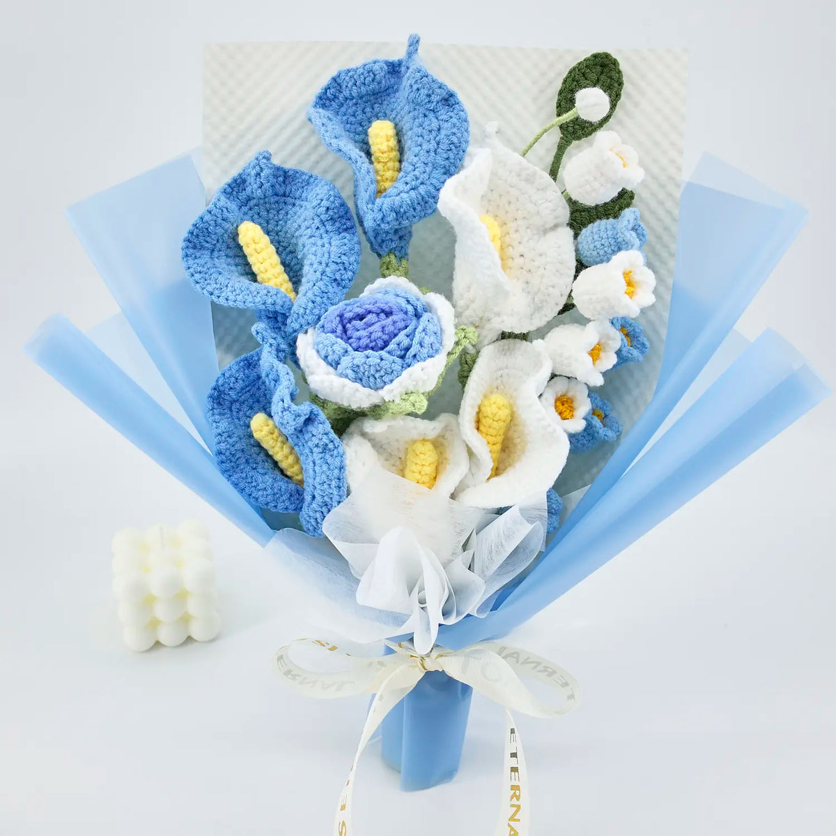 YSHomy Blue Crochet Flowers Bouquet with Calla Lily Rose