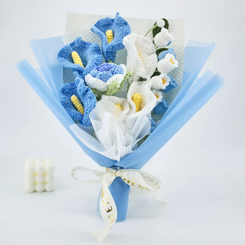 YSHomy Blue Crochet Flowers Bouquet with Calla Lily Rose