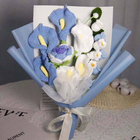 YSHomy Blue Crochet Flowers Bouquet with Calla Lily Rose