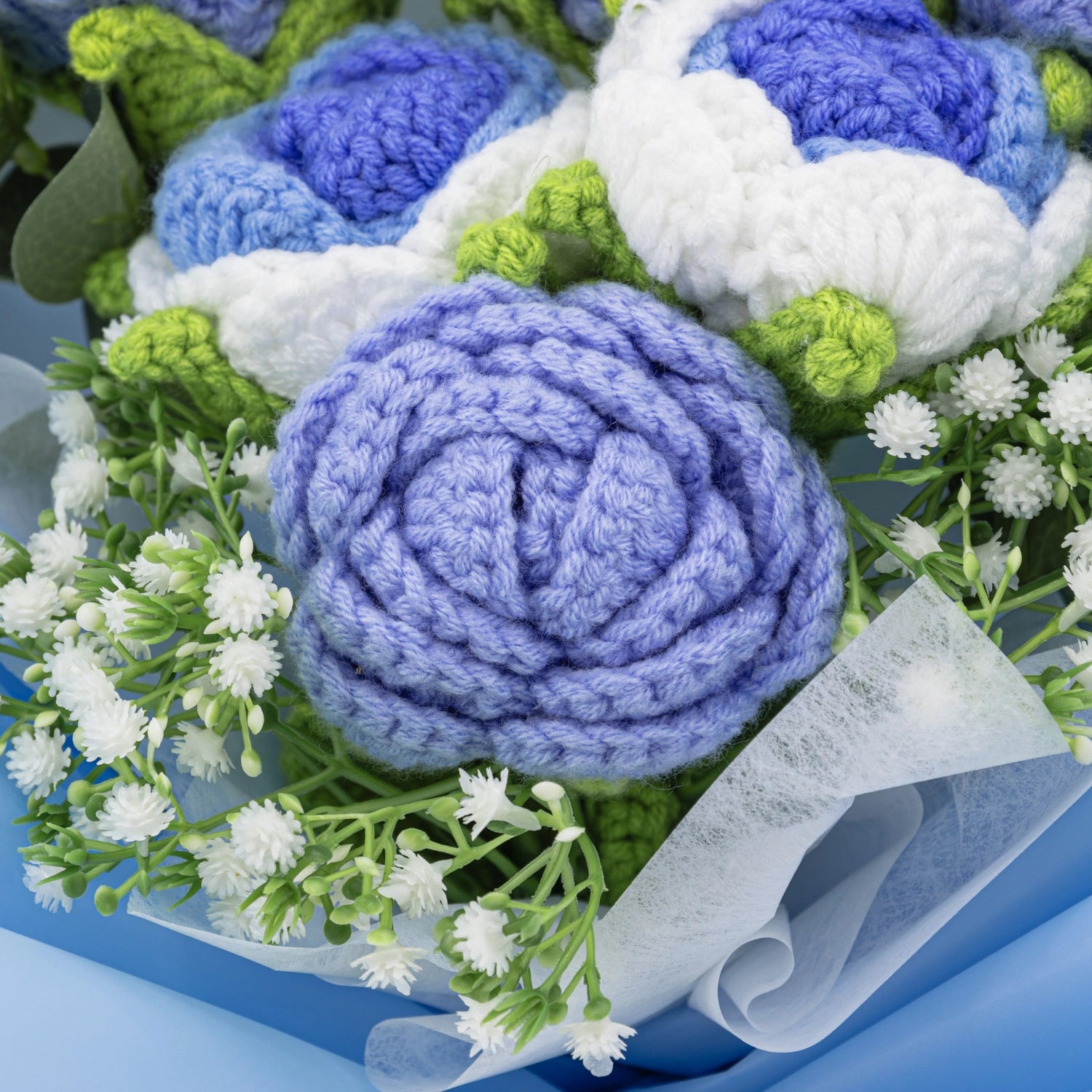 YSHomy Wrapped Handmade Crochet Flowers with Blue Rose Bouquet