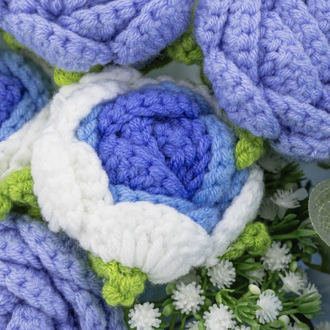 YSHomy Wrapped Handmade Crochet Flowers with Blue Rose Bouquet