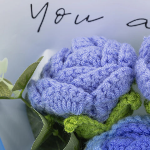 YSHomy Wrapped Handmade Crochet Flowers with Blue Rose Bouquet