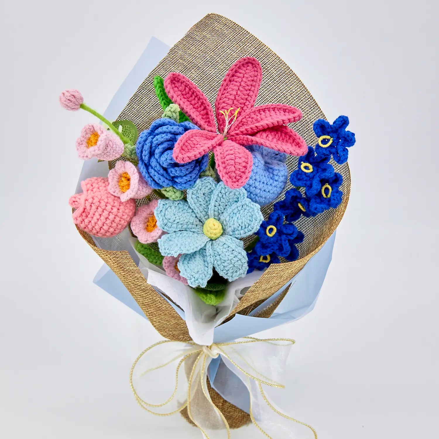 YSHomy Crochet Bouquet with Pink & Blue Flowers