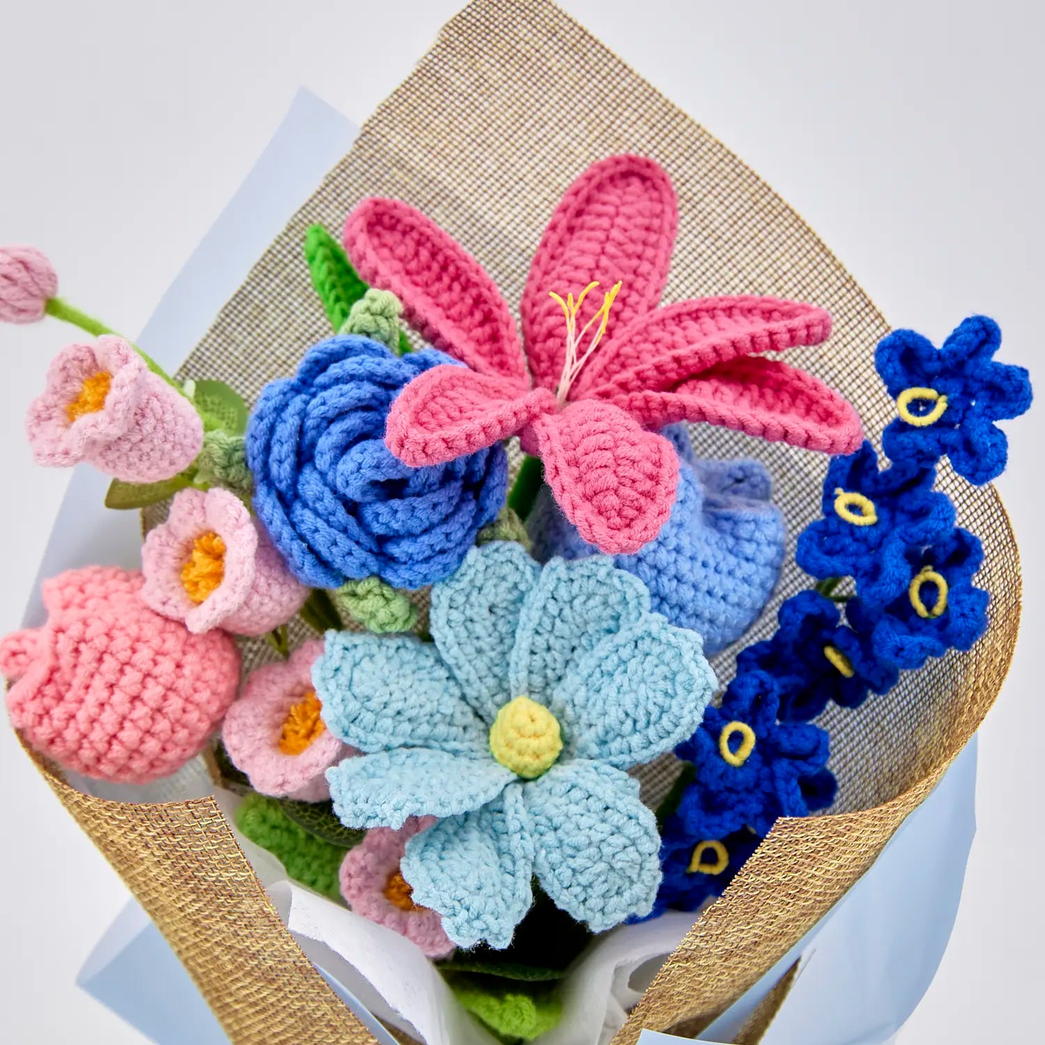 YSHomy Crochet Bouquet with Pink & Blue Flowers