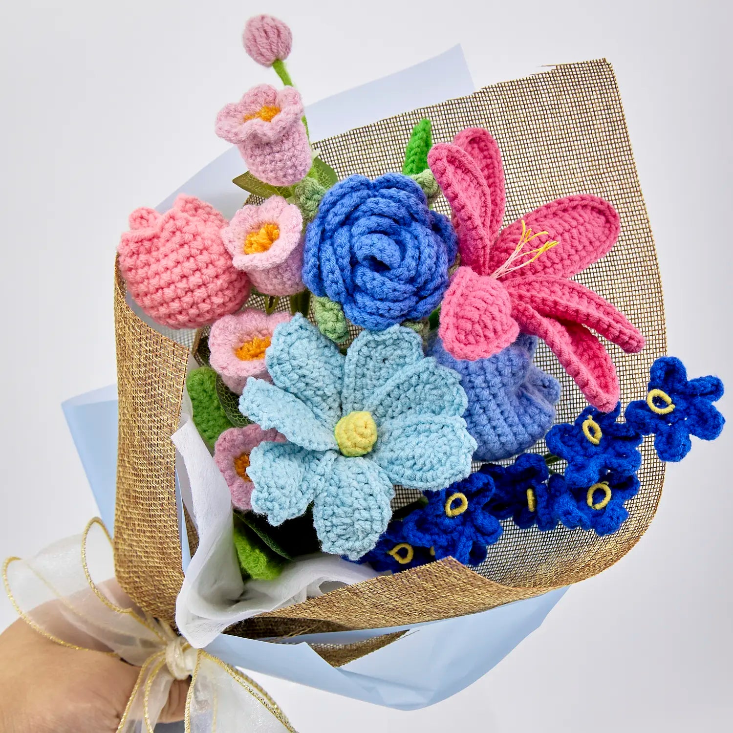 YSHomy Crochet Bouquet with Pink & Blue Flowers