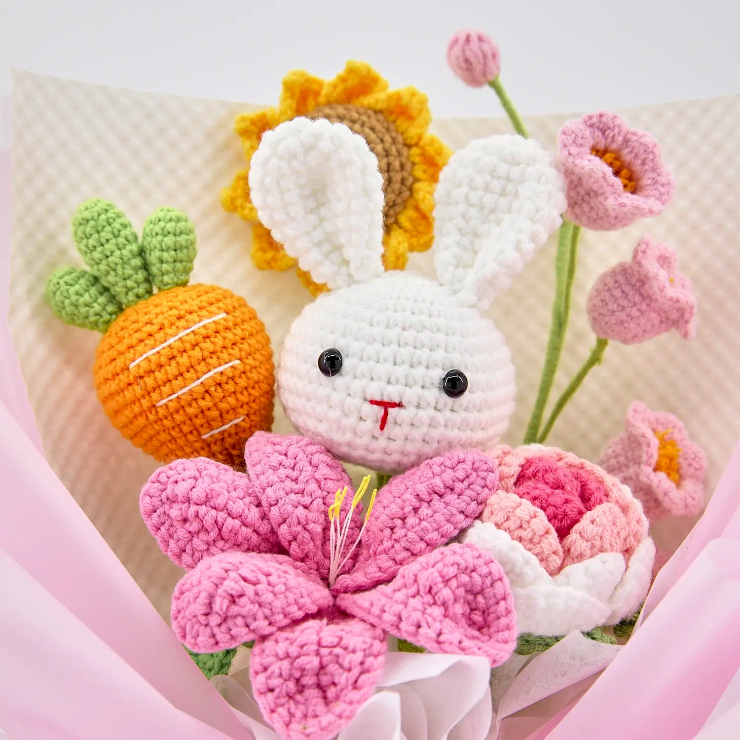 YSHomy Pink Crochet Flowers Bouquet with Bunny Carrot Lily Rose