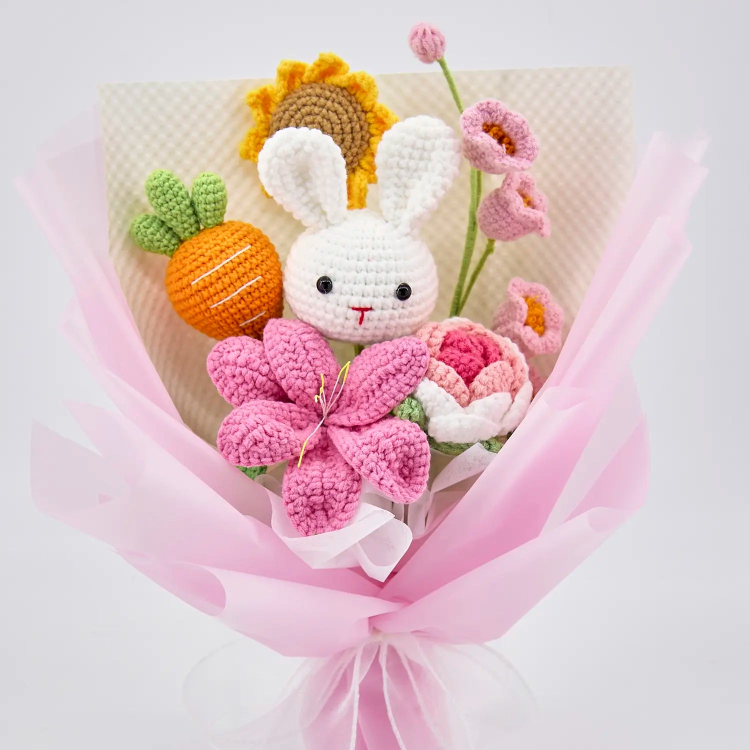 YSHomy Pink Crochet Flowers Bouquet with Bunny Carrot Lily Rose