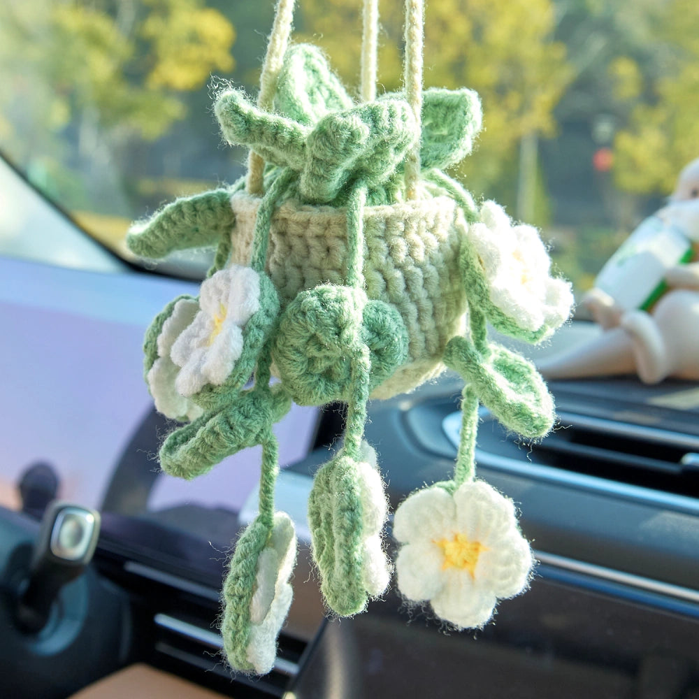 YSHomy Crochet Car Hanging Plants with White Flowers