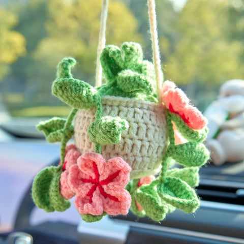 YSHomy Crochet Car Hanging Plants with Flowers & Green Leaves