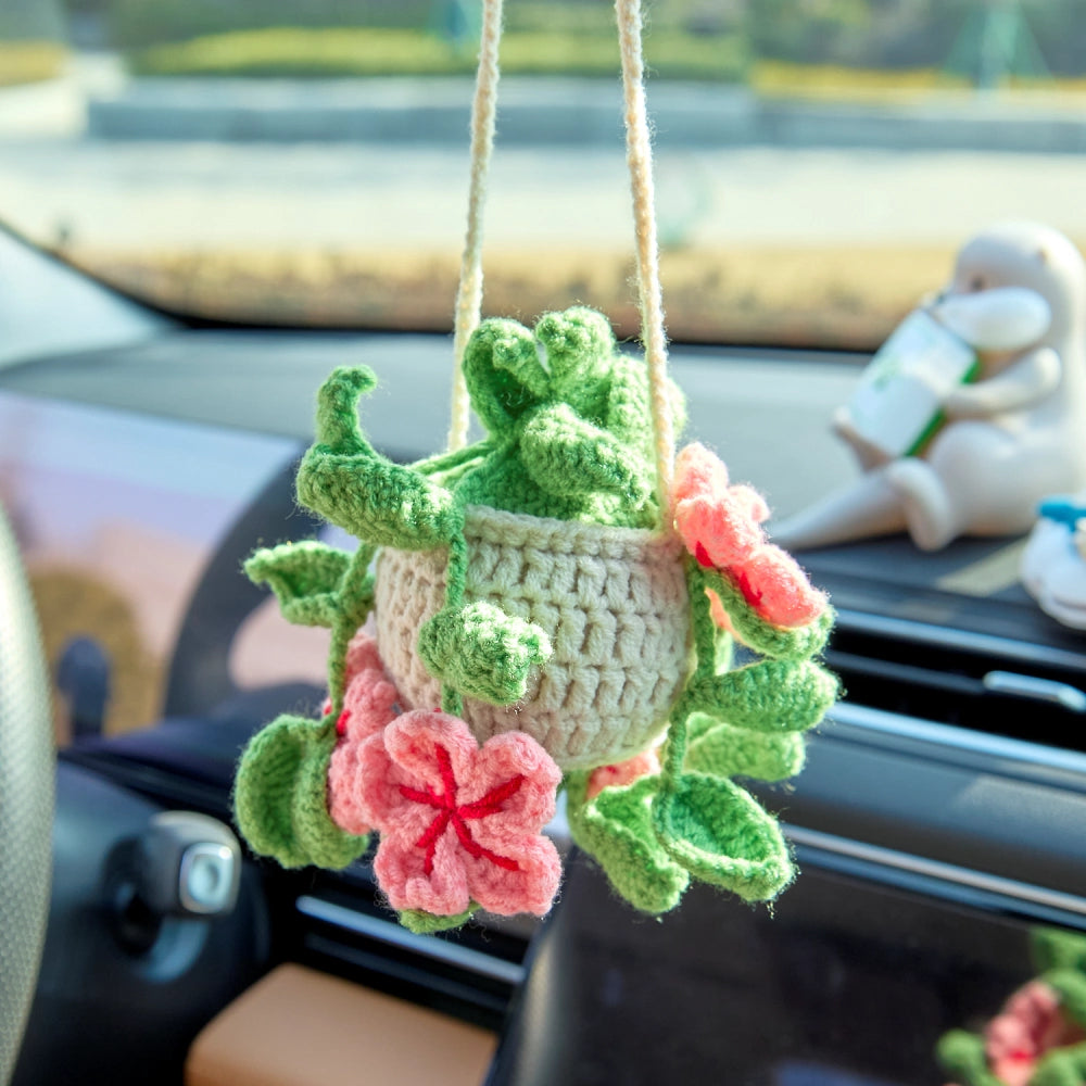 YSHomy Crochet Car Hanging Plants with Flowers & Green Leaves