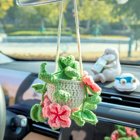 YSHomy Crochet Car Hanging Plants with Flowers & Green Leaves