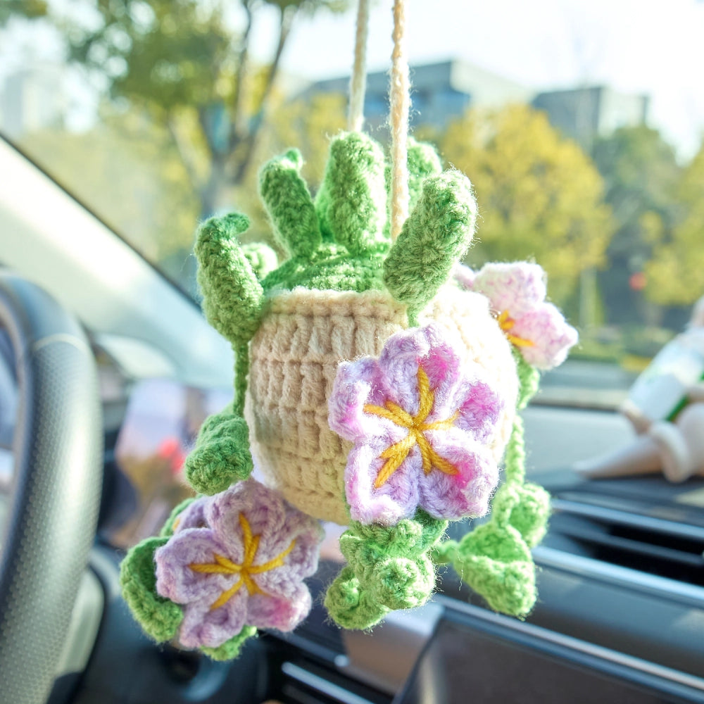 YSHomy Crochet Car Hanging Plants with Flowers & Green Leaves