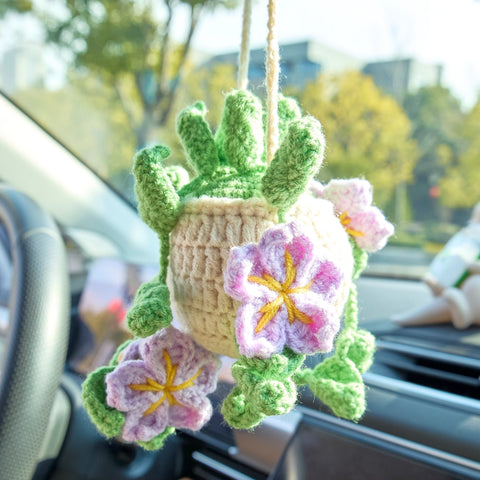 YSHomy Crochet Car Hanging Plants with Flowers & Green Leaves