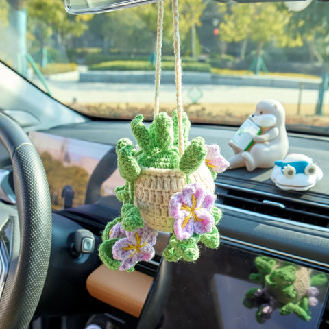 YSHomy Crochet Car Hanging Plants with Flowers & Green Leaves