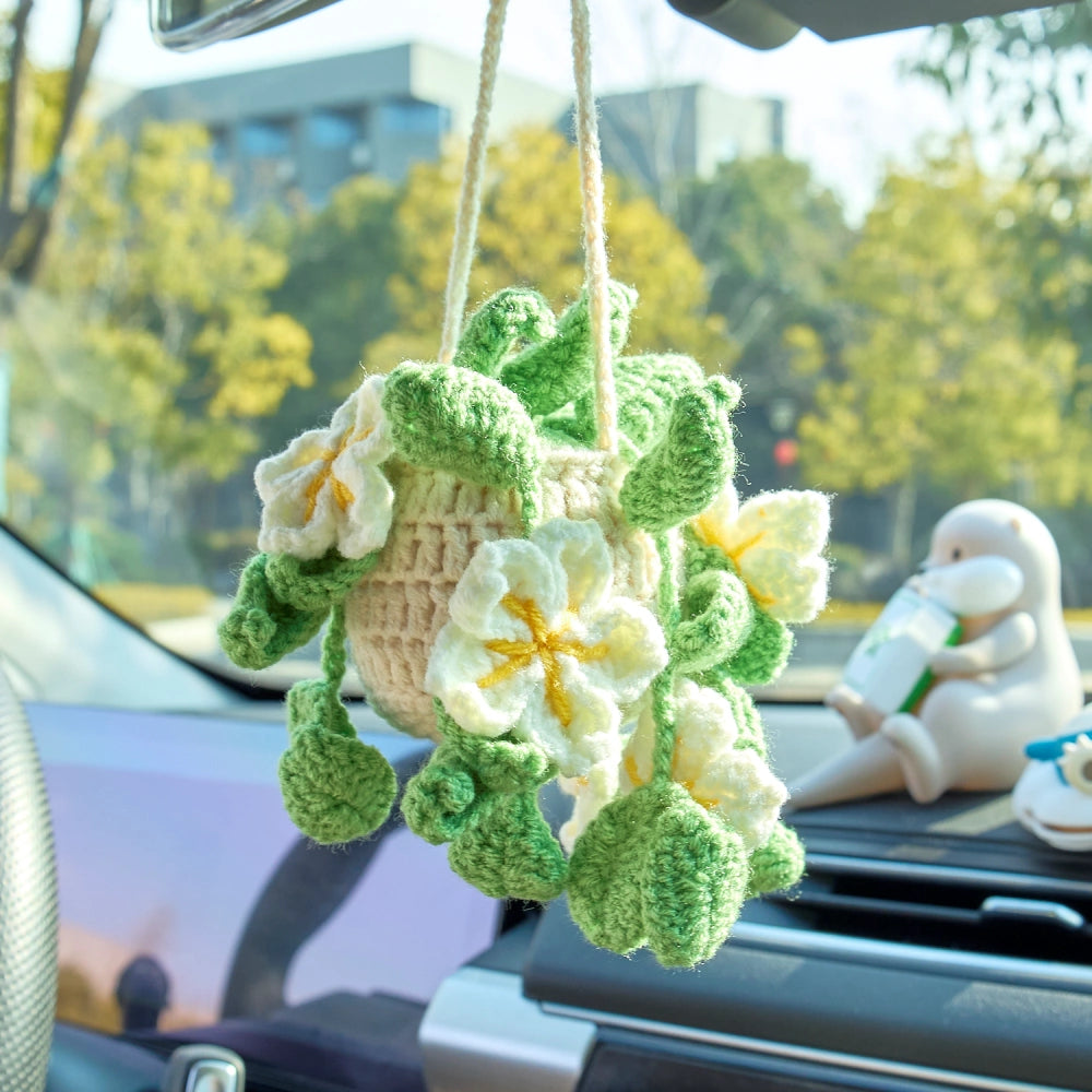 YSHomy Crochet Car Hanging Plants with Flowers & Green Leaves