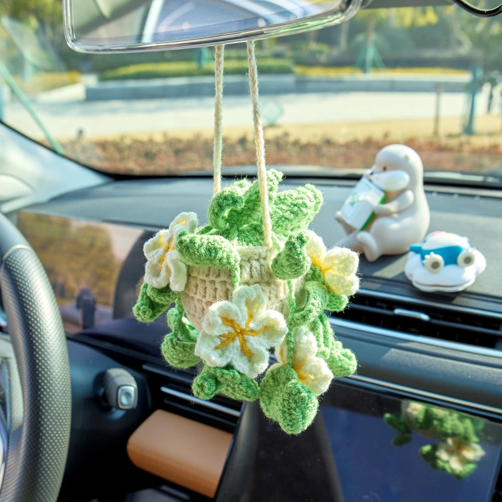 YSHomy Crochet Car Hanging Plants with Flowers & Green Leaves