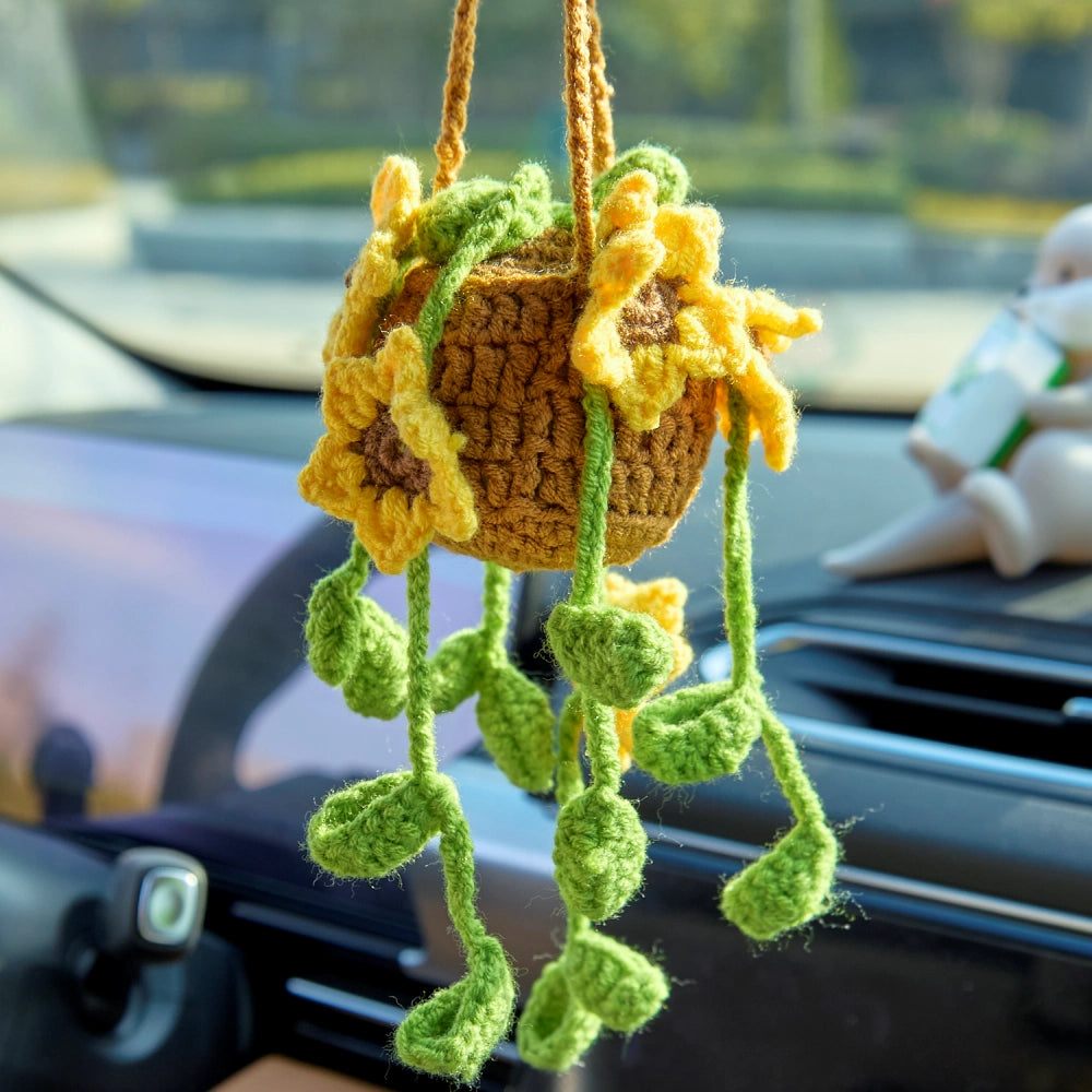 YSHomy Crochet Car Hanging Plant with Crochet Sunflower