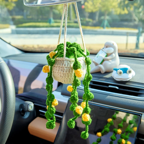 YSHomy Crochet Car Mirror Hanging Plants with Yellow Flowers