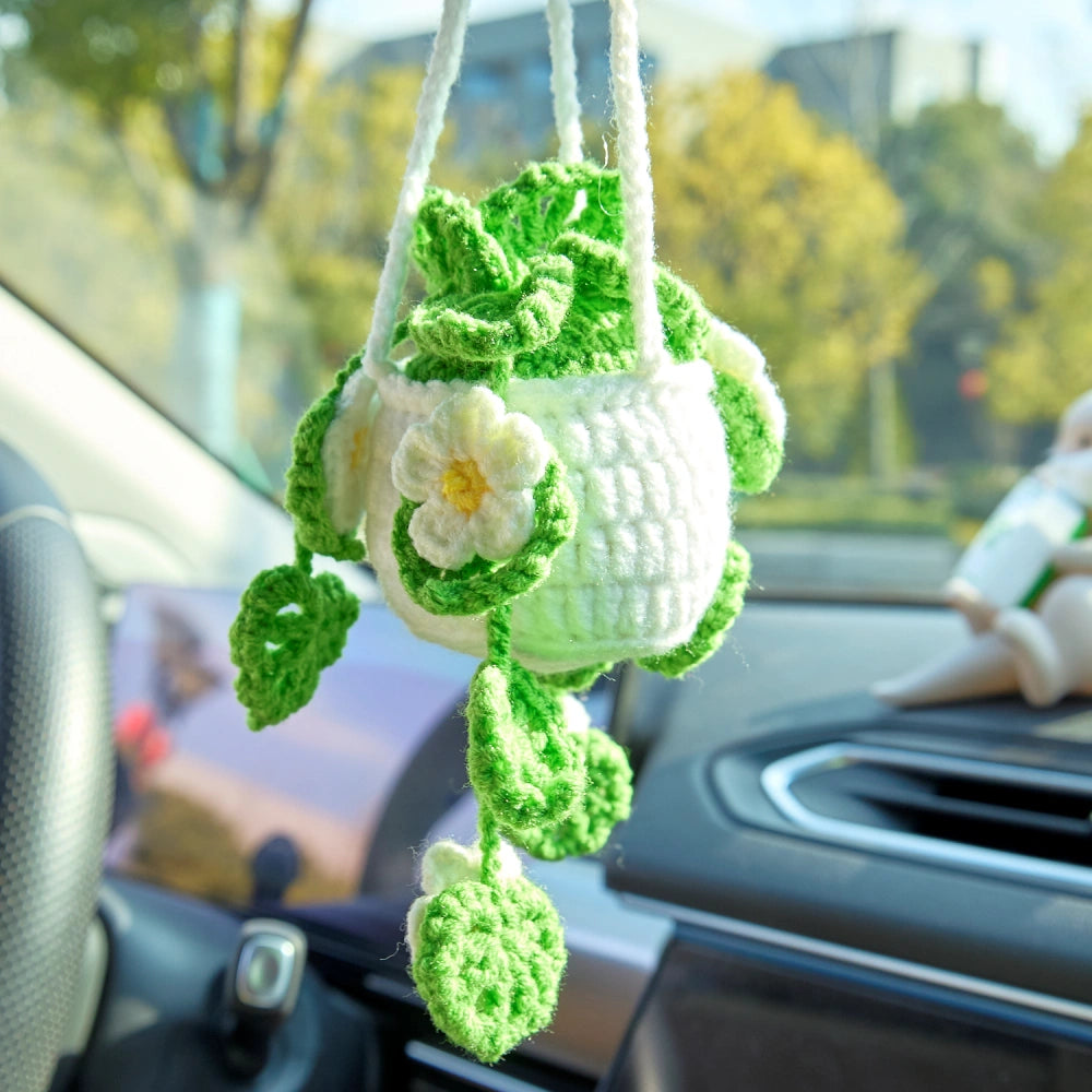 YSHomy Crochet Car Hanging Plants with White Flowers