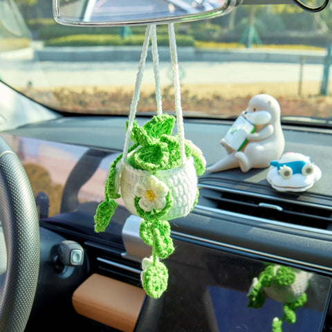 YSHomy Crochet Car Hanging Plants with White Flowers