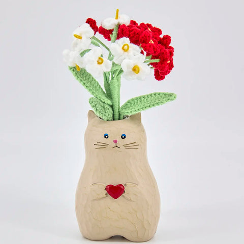 YSHomy Crochet Flowers Set of 3 Crochet Forget-Me-Not Branches & Cute Wooden Cat Vase