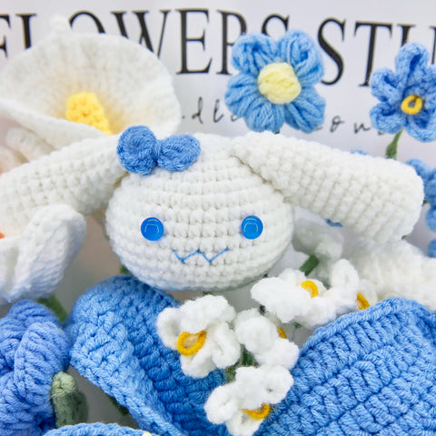 YSHomy Crochet Flowers Bouquet with Crochet Lily Cinnamoroll in Blue Wrapping