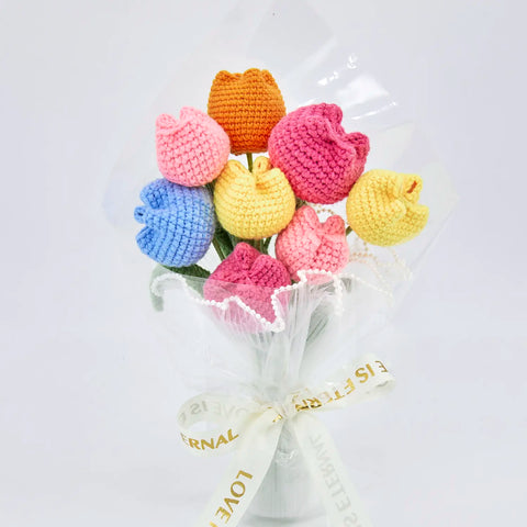 YSHomy Wrapped Crochet Flowers Bouquet with Colorful Tulips in Transparent Wrapping