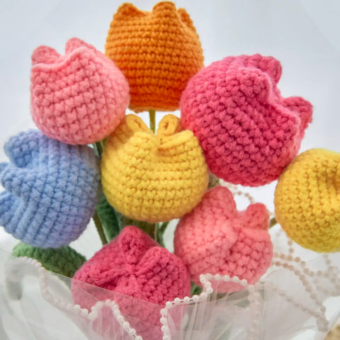 YSHomy Wrapped Crochet Flowers Bouquet with Colorful Tulips in Transparent Wrapping