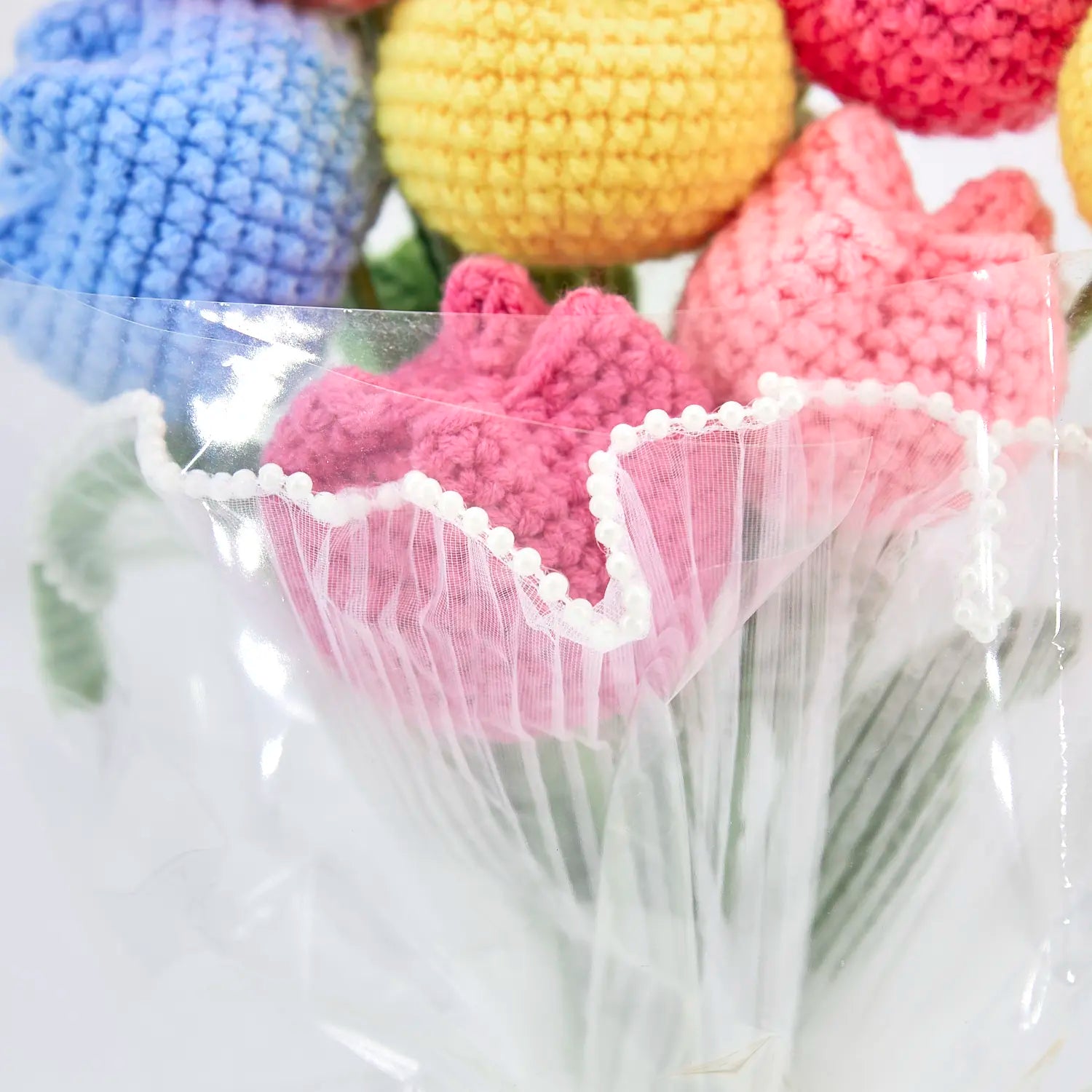 YSHomy Wrapped Crochet Flowers Bouquet with Colorful Tulips in Transparent Wrapping