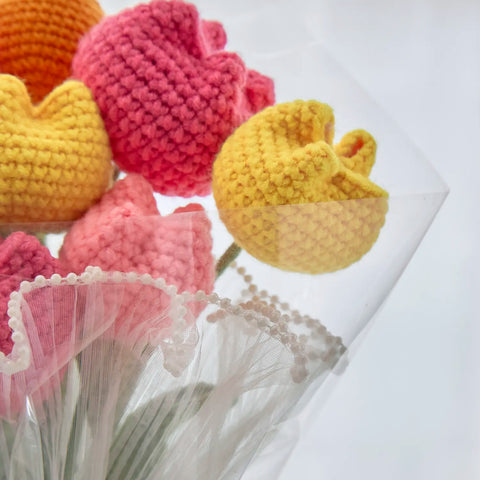 YSHomy Wrapped Crochet Flowers Bouquet with Colorful Tulips in Transparent Wrapping