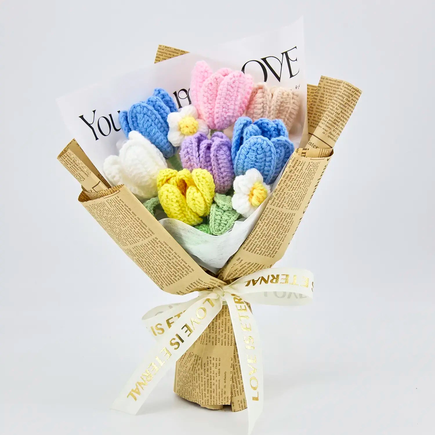 YSHomy Wrapped Crochet Flowers Bouquet with Tulips in Newspaper Wrapping