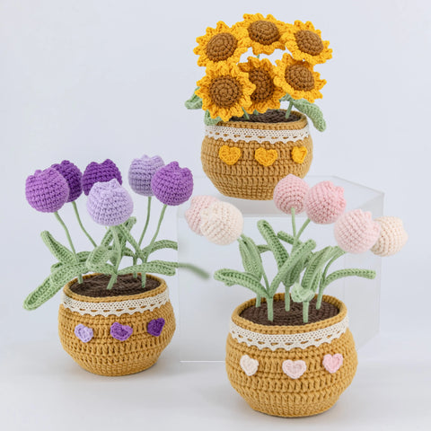 YSHomy Crochet Sunflower & Tulip Potted Plant for Desktop Decoration