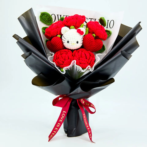 YSHomy Handmade Crochet Flowers Bouquet with HK & Red Rose in Black Wrapping