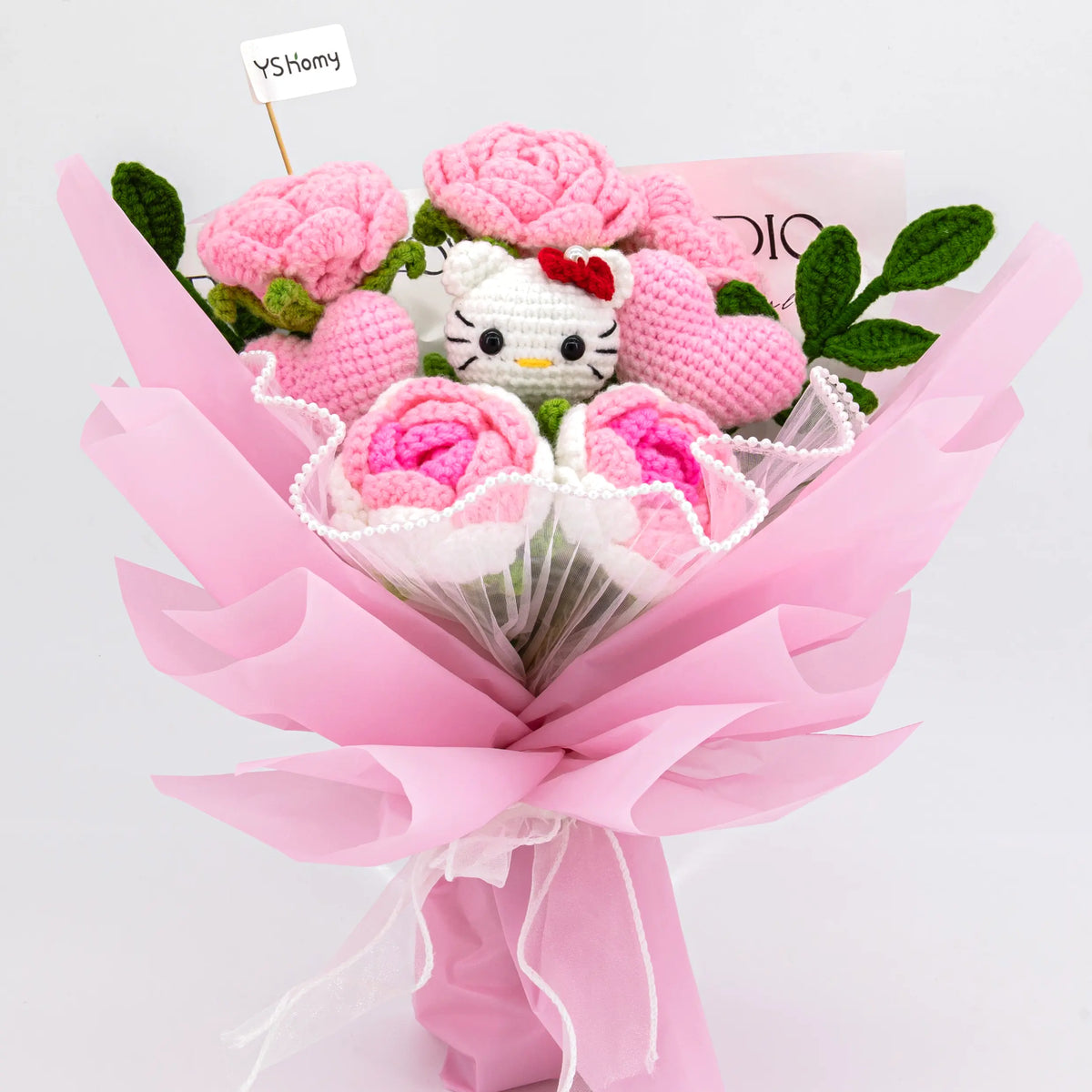 YSHomy Handmade Crochet Flowers Bouquet with HK & Pink Rose