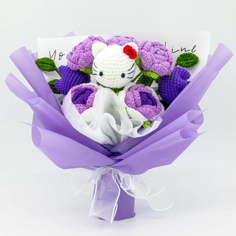 YSHomy Wrapped Handmade Crochet Flowers Bouquet with HK & Purple Rose